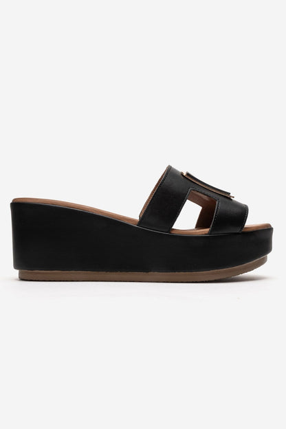 HIOLA - Black Genuine Leather Platform Wedge Slide (Women)