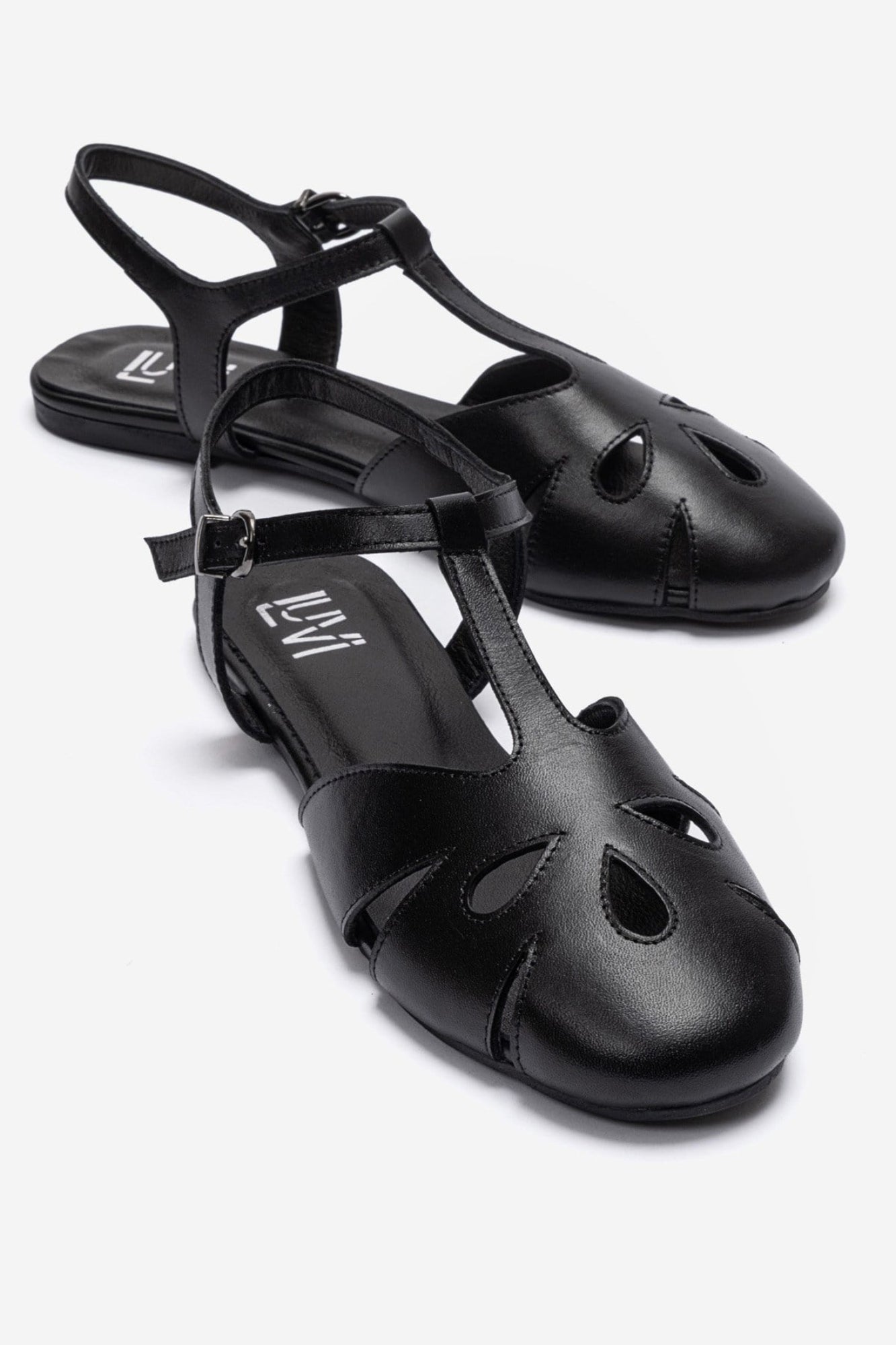 NATHALIE - Black Genuine Leather Ankle-Strap Flat Sandal (Women)