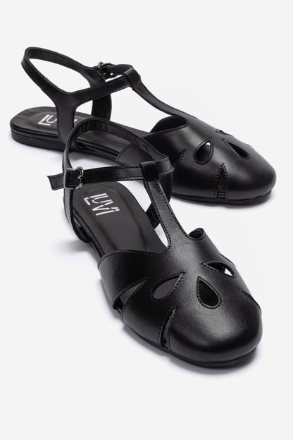 NATHALIE - Black Genuine Leather Ankle-Strap Flat Sandal (Women)