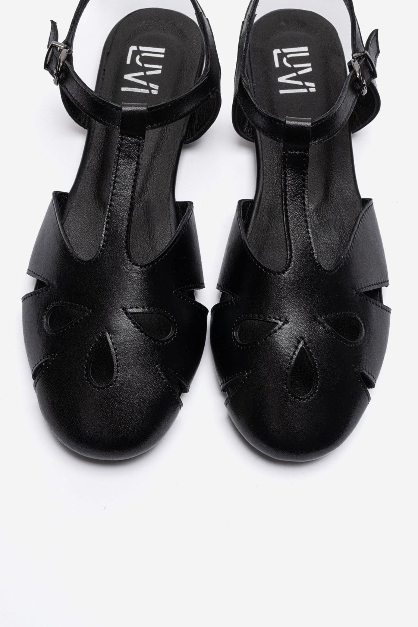 NATHALIE - Black Genuine Leather Ankle-Strap Flat Sandal (Women)