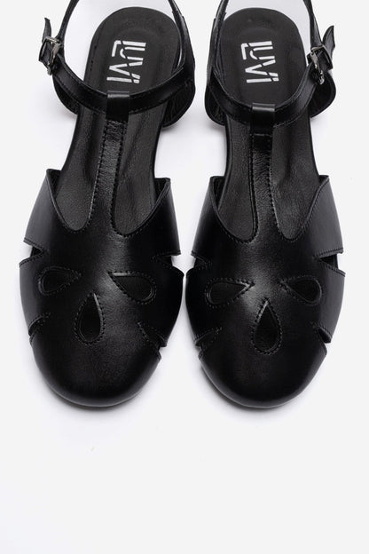NATHALIE - Black Genuine Leather Ankle-Strap Flat Sandal (Women)