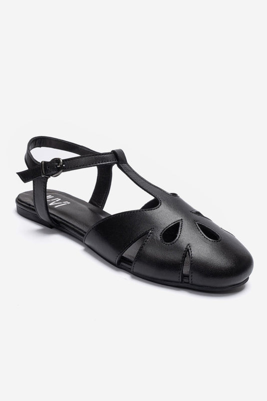 NATHALIE - Black Genuine Leather Ankle-Strap Flat Sandal (Women)
