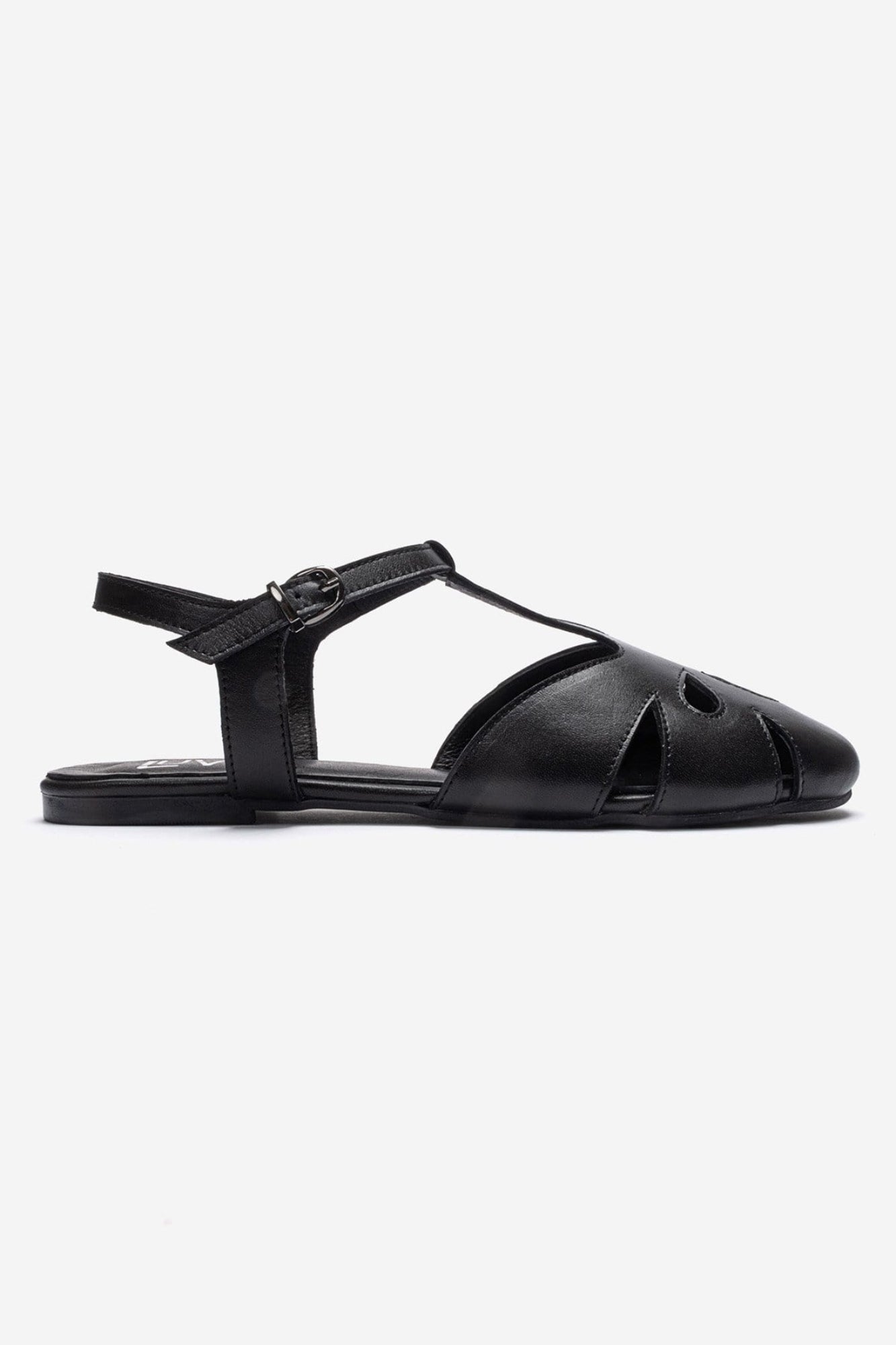 NATHALIE - Black Genuine Leather Ankle-Strap Flat Sandal (Women)
