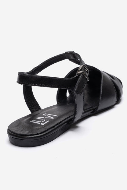 NATHALIE - Black Genuine Leather Ankle-Strap Flat Sandal (Women)
