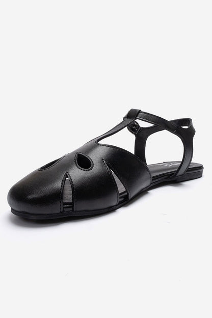 NATHALIE - Black Genuine Leather Ankle-Strap Flat Sandal (Women)