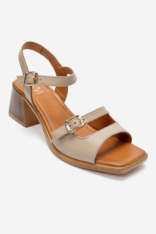 Yolen - Beige Genuine Leather Block Heel Sandal (Women)