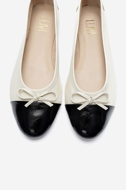 JENS - Off-White And Black Genuine Leather Bow Ballet Flat (Women)