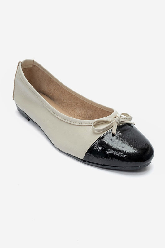 JENS - Off-White And Black Genuine Leather Bow Ballet Flat (Women)
