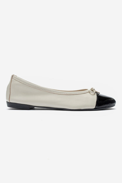 JENS - Off-White And Black Genuine Leather Bow Ballet Flat (Women)
