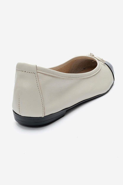 JENS - Off-White And Black Genuine Leather Bow Ballet Flat (Women)