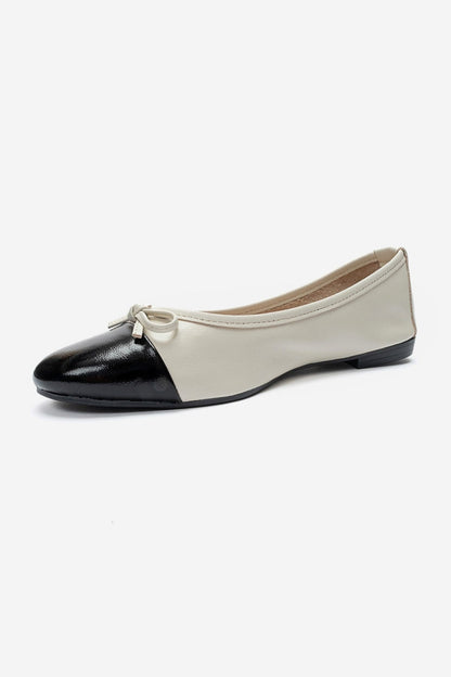 JENS - Off-White And Black Genuine Leather Bow Ballet Flat (Women)