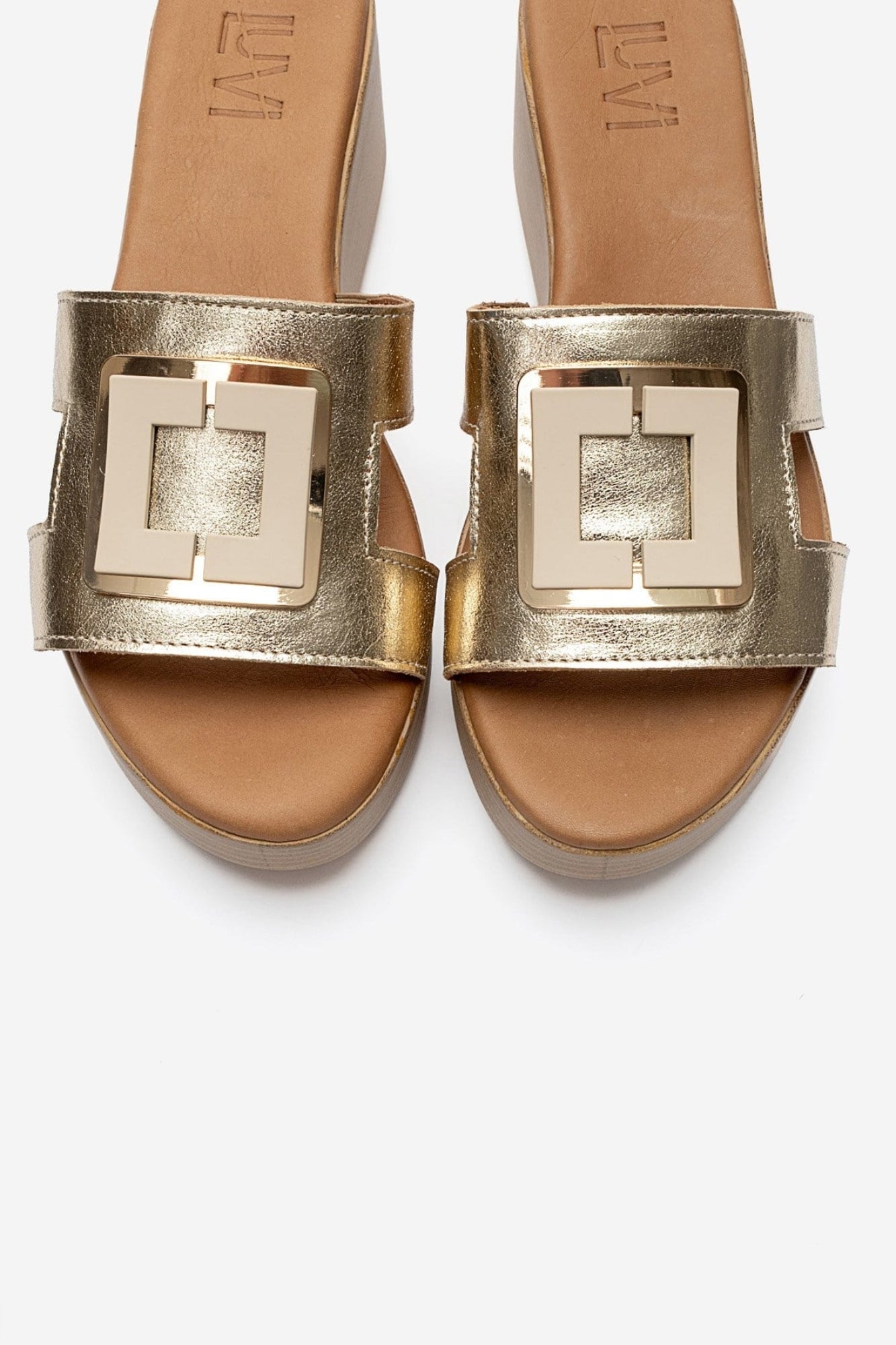 HIOLA - Gold Genuine Leather Buckle Wedge Slide (Women)