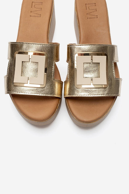 HIOLA - Gold Genuine Leather Buckle Wedge Slide (Women)