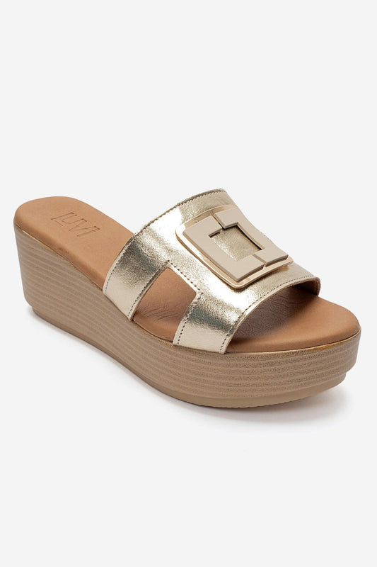 HIOLA - Gold Genuine Leather Buckle Wedge Slide (Women)