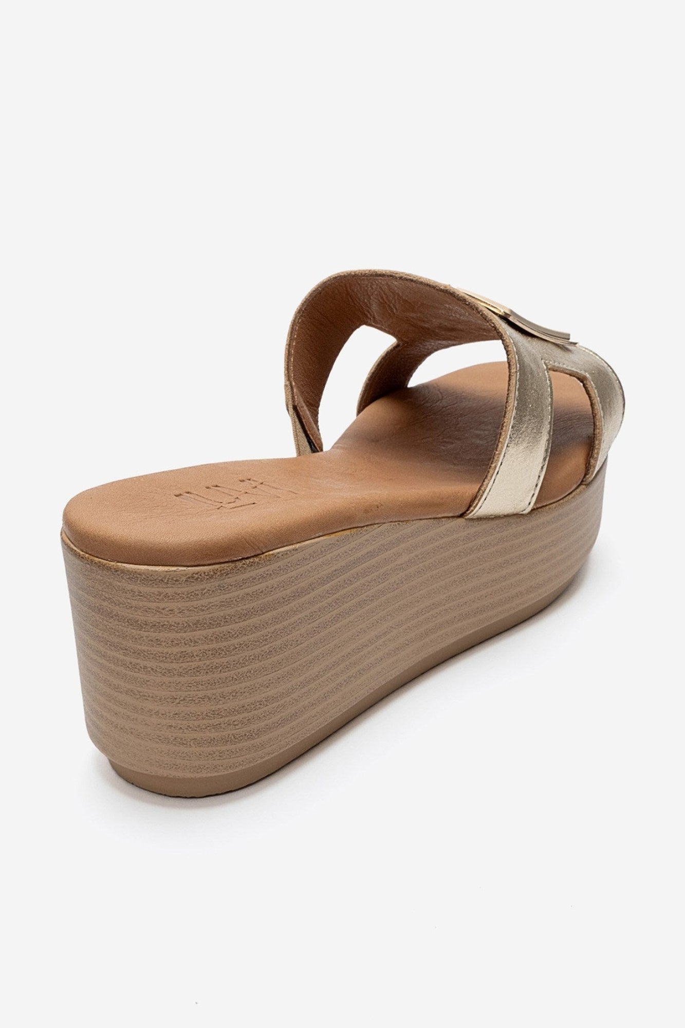 HIOLA - Gold Genuine Leather Buckle Wedge Slide (Women)