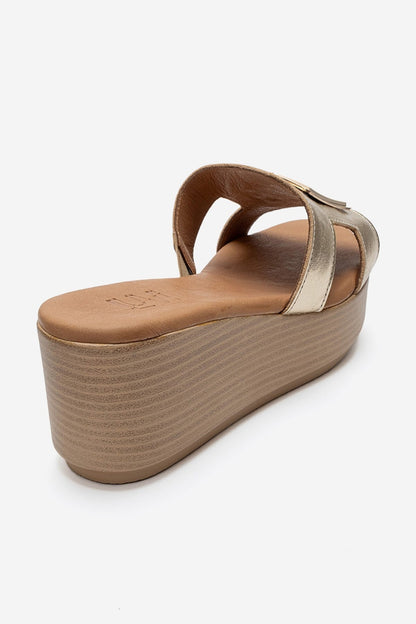 HIOLA - Gold Genuine Leather Buckle Wedge Slide (Women)