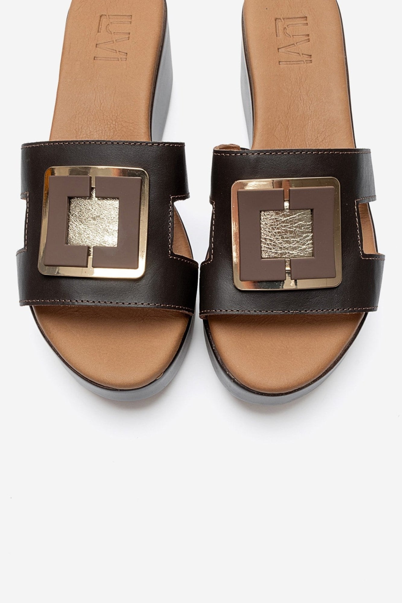 HIOLA - Brown Genuine Leather Buckle Wedge Slide (Women)
