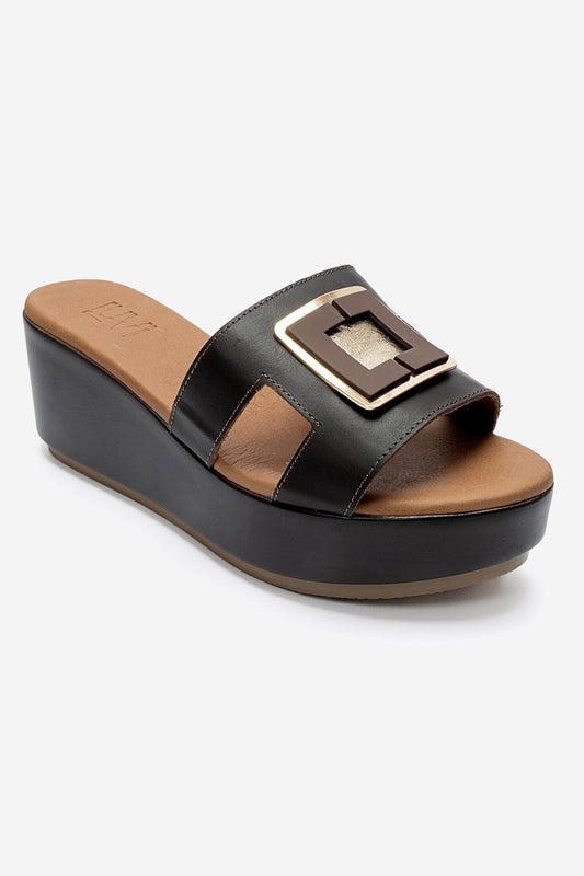 HIOLA - Brown Genuine Leather Buckle Wedge Slide (Women)