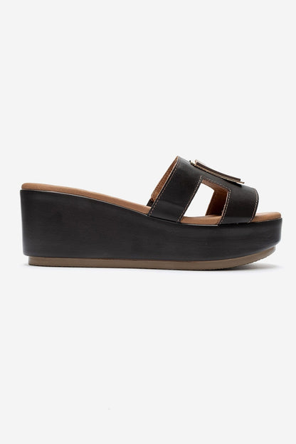 HIOLA - Brown Genuine Leather Buckle Wedge Slide (Women)