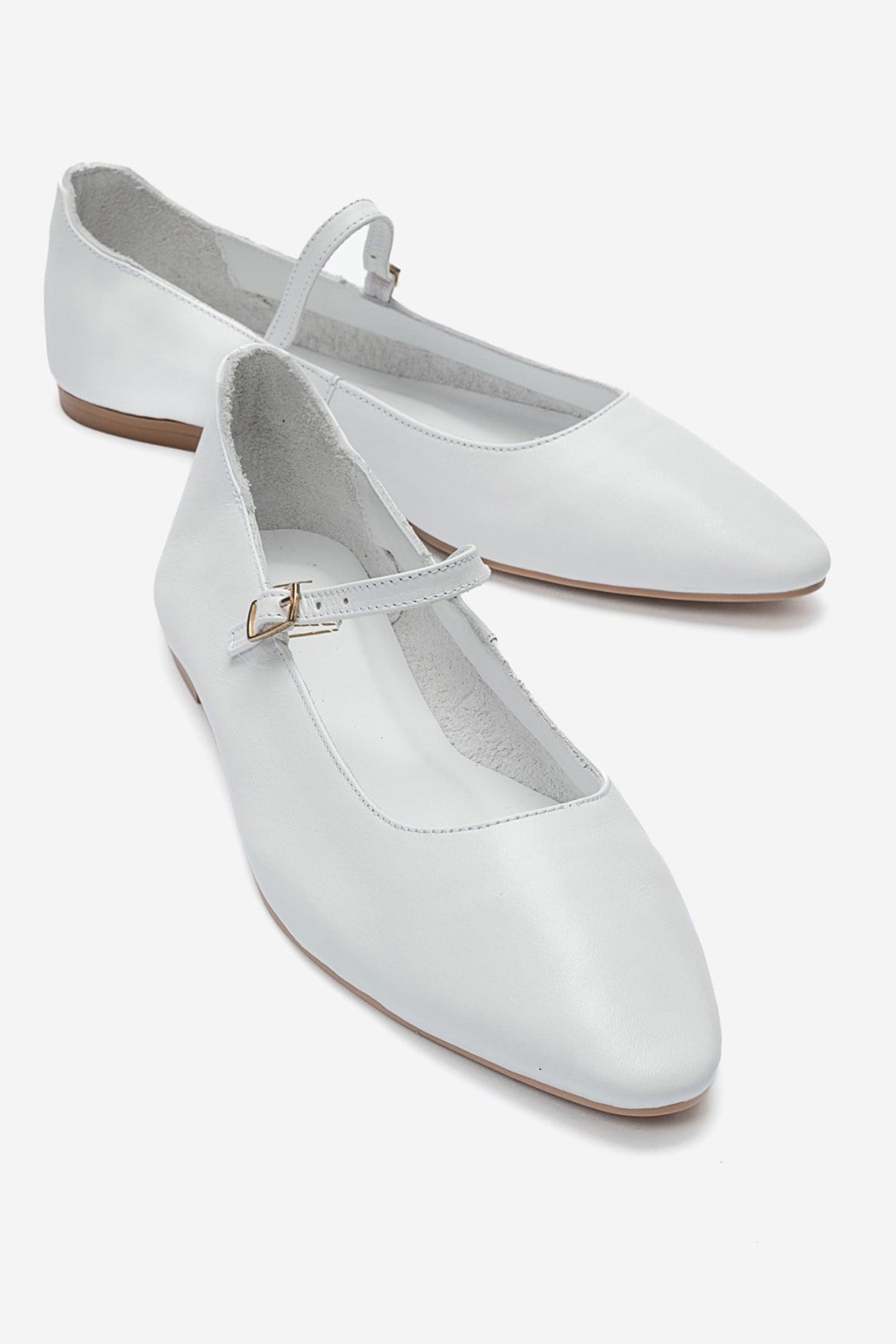 LUNAIRE - White Genuine Leather Single-Strap Pointed-Toe Ballet Flat (Women)