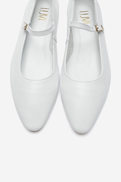 LUNAIRE - White Genuine Leather Single-Strap Pointed-Toe Ballet Flat (Women)