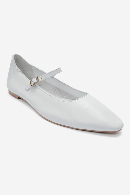 LUNAIRE - White Genuine Leather Single-Strap Pointed-Toe Ballet Flat (Women)