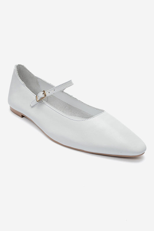 LUNAIRE - White Genuine Leather Single-Strap Pointed-Toe Ballet Flat (Women)