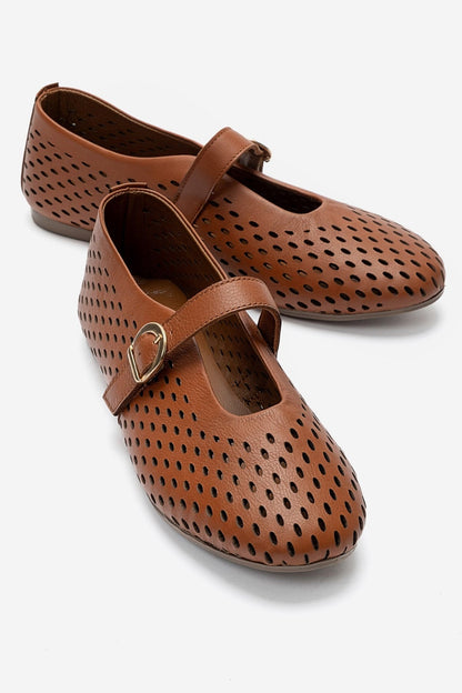 ARİAN - Cognac Genuine Leather Perforated Ballet Flat (Women)
