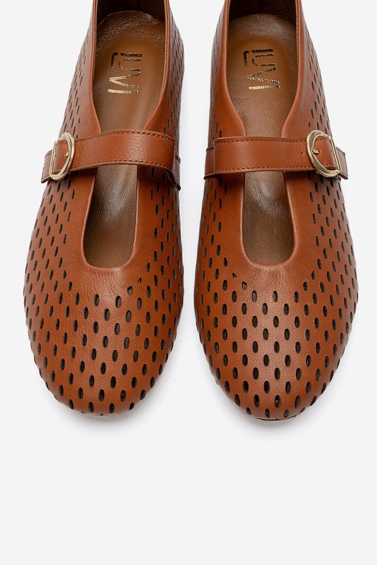 ARİAN - Cognac Genuine Leather Perforated Ballet Flat (Women)