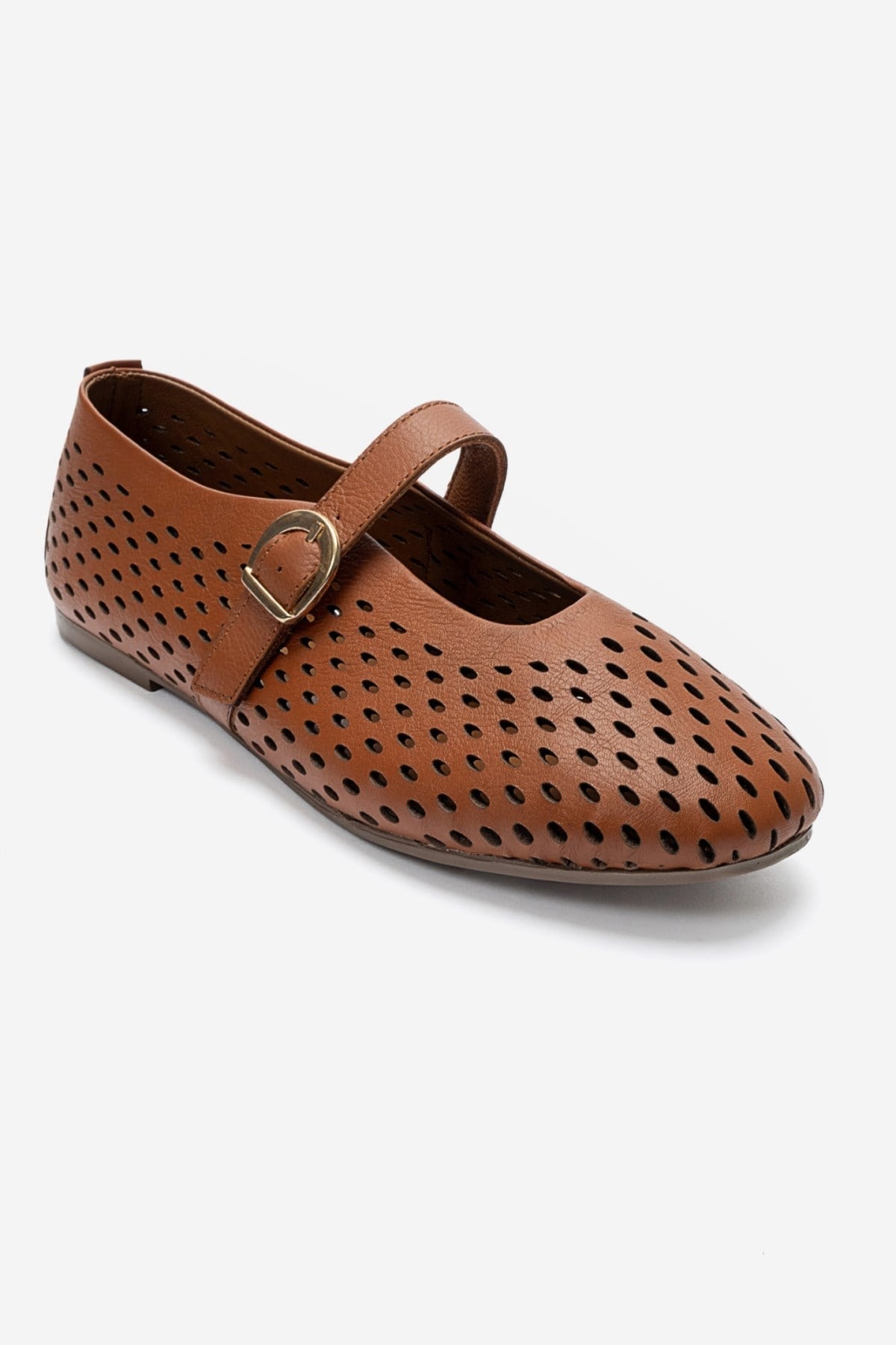 ARİAN - Cognac Genuine Leather Perforated Ballet Flat (Women)