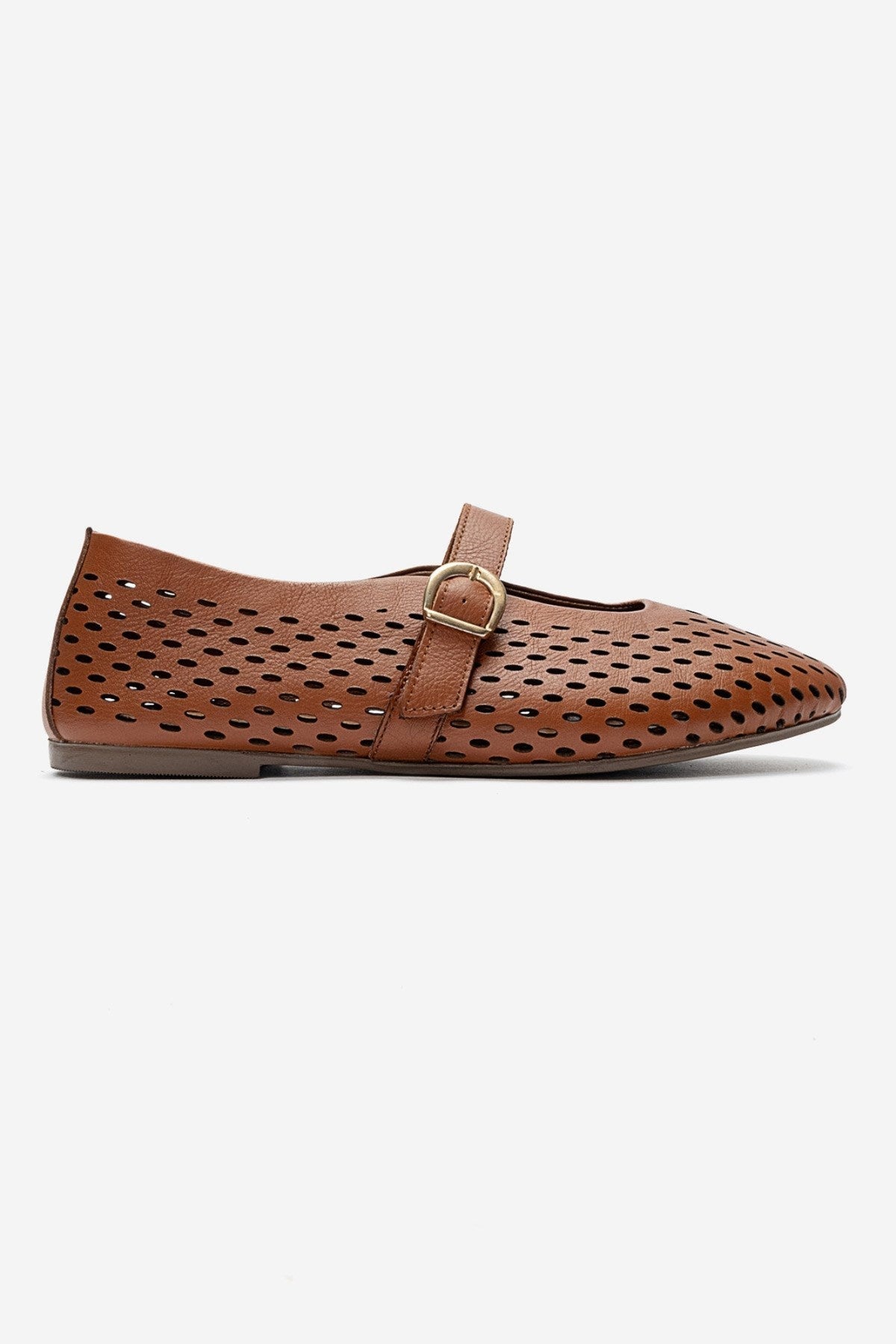 ARİAN - Cognac Genuine Leather Perforated Ballet Flat (Women)