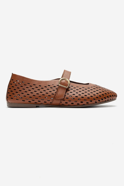 ARİAN - Cognac Genuine Leather Perforated Ballet Flat (Women)
