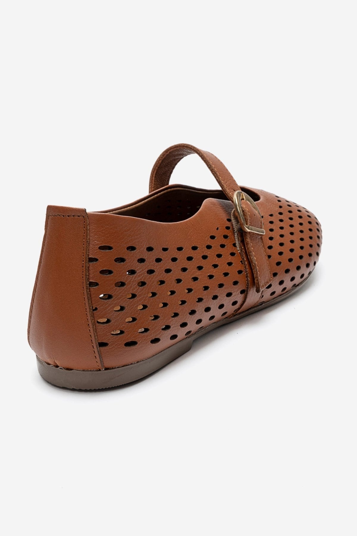ARİAN - Cognac Genuine Leather Perforated Ballet Flat (Women)