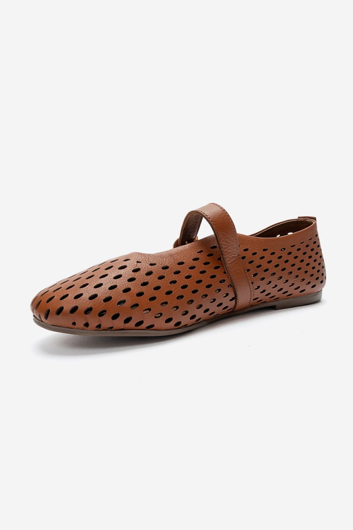 ARİAN - Cognac Genuine Leather Perforated Ballet Flat (Women)