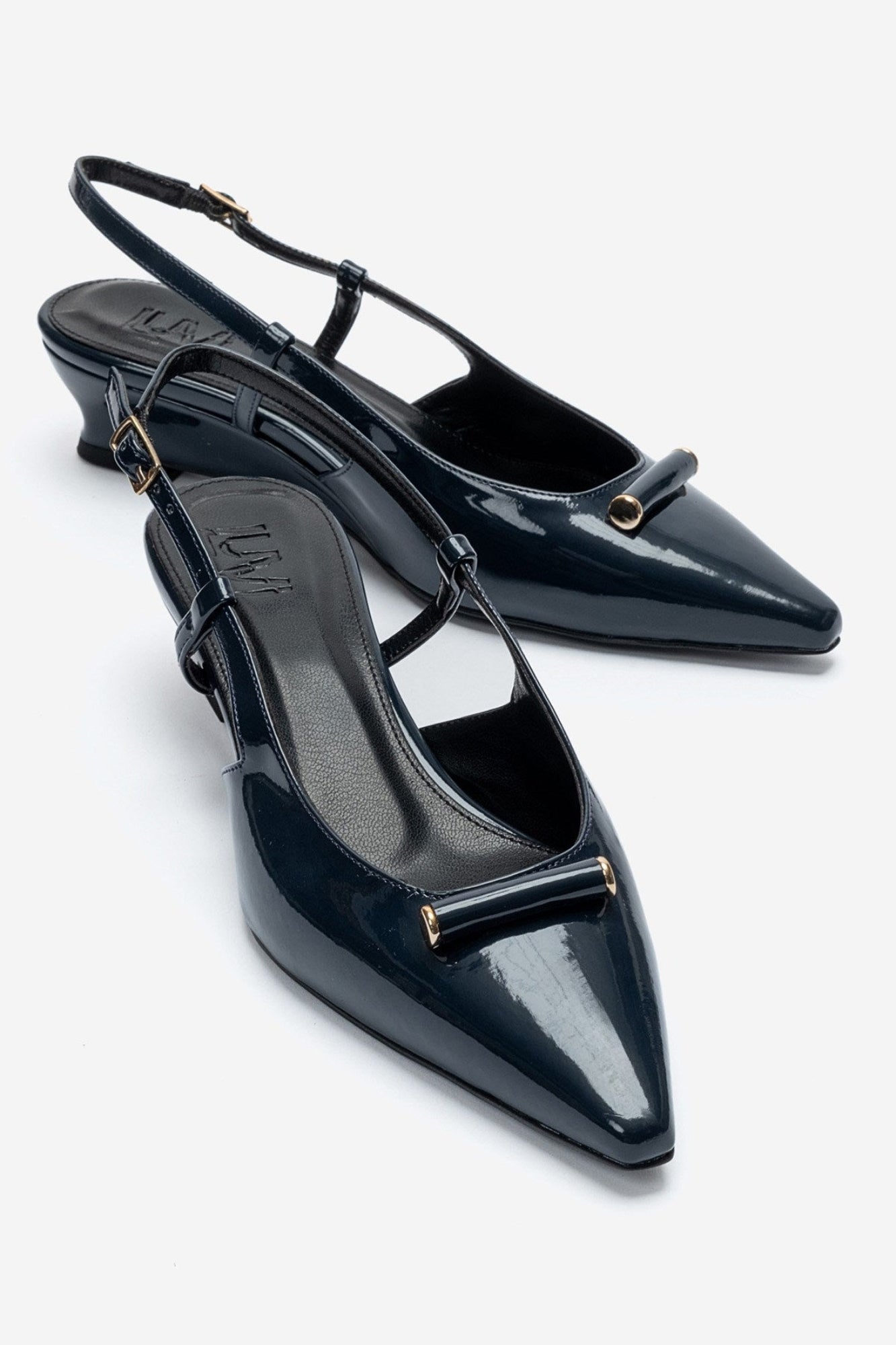 RHEA - Navy Patent Buckle Mini Block Heel Pump (Women)