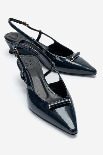 RHEA - Navy Patent Buckle Mini Block Heel Pump (Women)