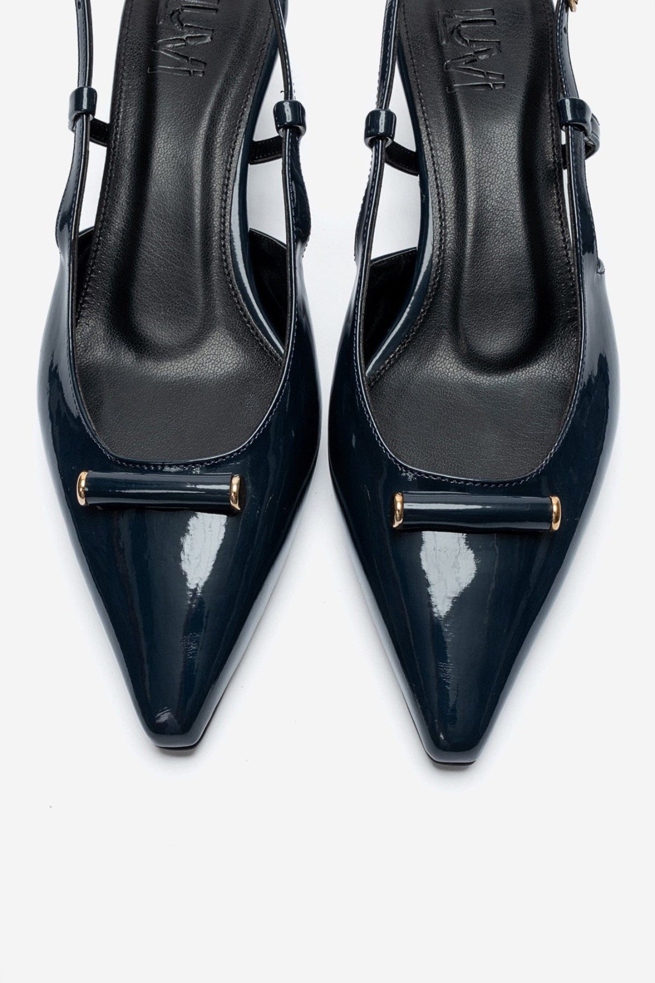 RHEA - Navy Patent Buckle Mini Block Heel Pump (Women)