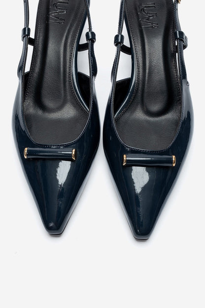RHEA - Navy Patent Buckle Mini Block Heel Pump (Women)