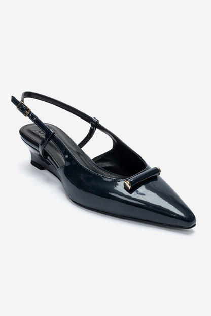 RHEA - Navy Patent Buckle Mini Block Heel Pump (Women)