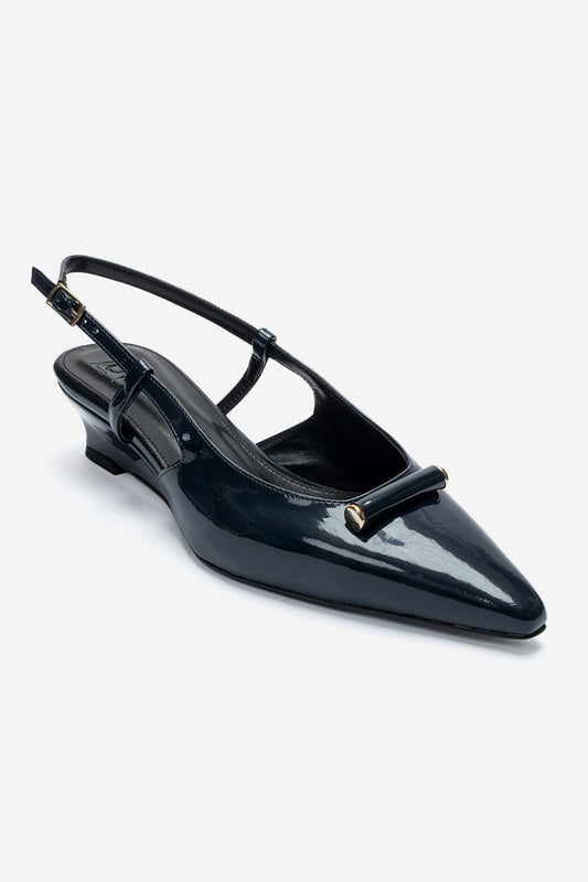 RHEA - Navy Patent Buckle Mini Block Heel Pump (Women)