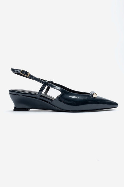 RHEA - Navy Patent Buckle Mini Block Heel Pump (Women)