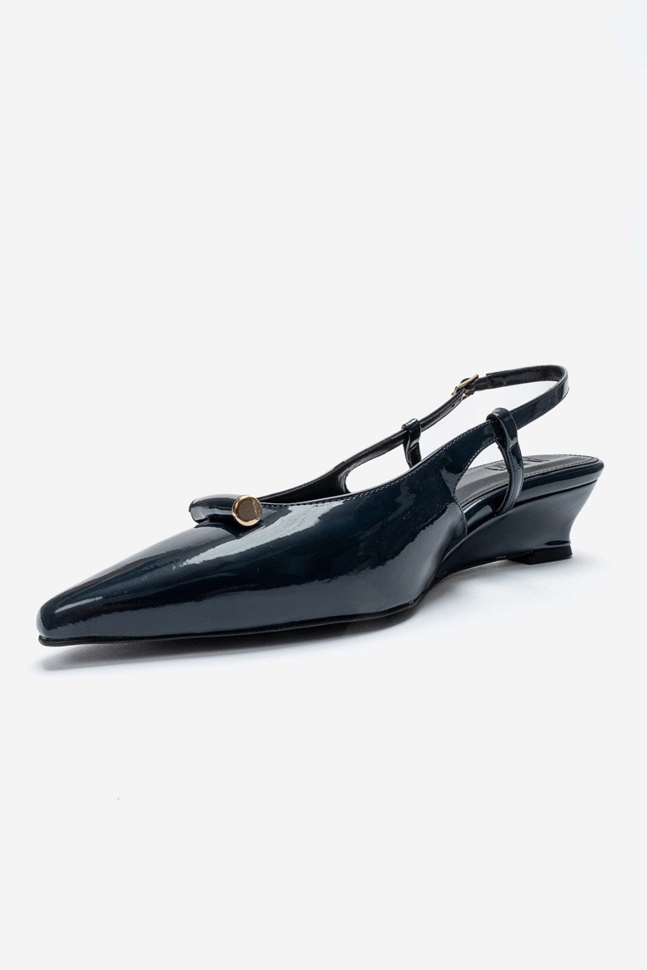 RHEA - Navy Patent Buckle Mini Block Heel Pump (Women)