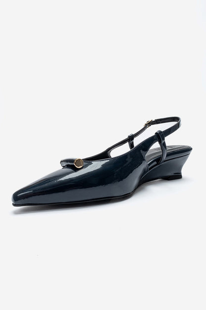 RHEA - Navy Patent Buckle Mini Block Heel Pump (Women)