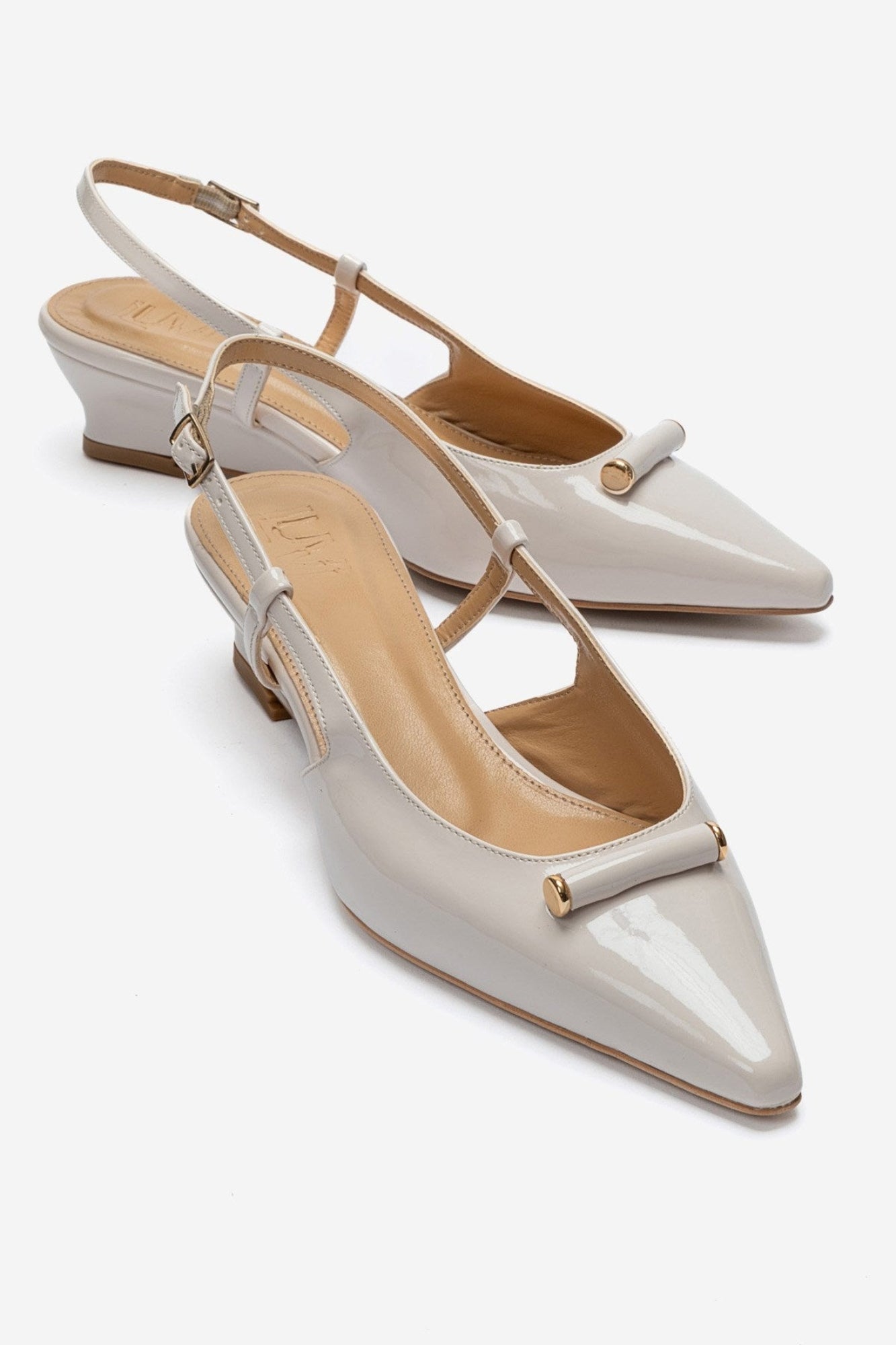 RHEA - Off-White Patent Buckle Mini Block Heel Pump (Women)