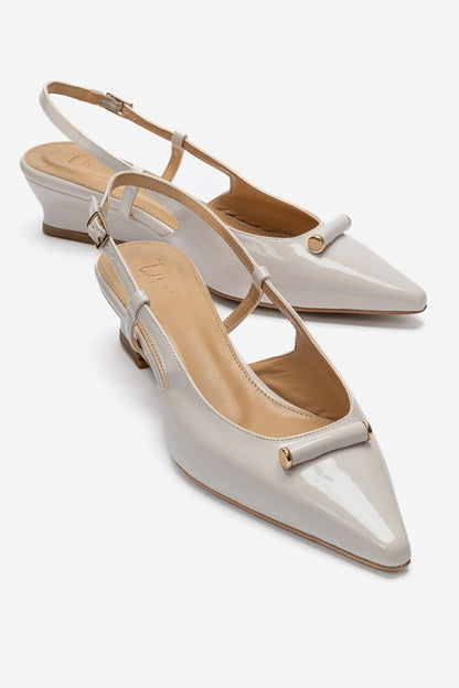 RHEA - Off-White Patent Buckle Mini Block Heel Pump (Women)