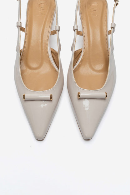 RHEA - Off-White Patent Buckle Mini Block Heel Pump (Women)