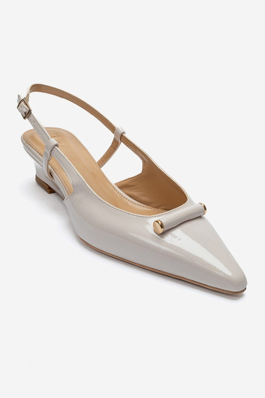 RHEA - Off-White Patent Buckle Mini Block Heel Pump (Women)