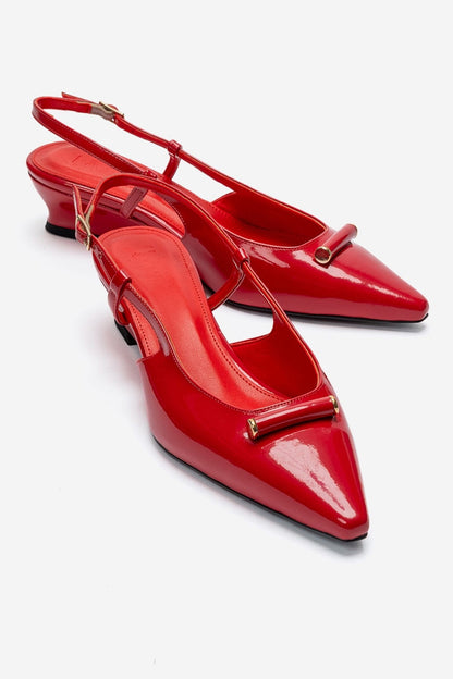 RHEA - Red Patent Buckle Mini Block Heel Pump (Women)