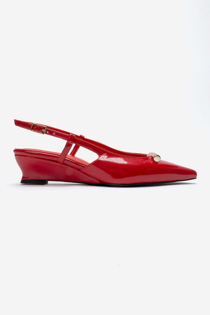 RHEA - Red Patent Buckle Mini Block Heel Pump (Women)