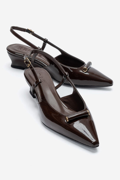 RHEA - Brown Patent Buckle Mini Block Heel Pump (Women)